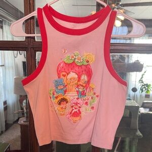 Strawberry Shortcake Pink Ribbed Graphic Ringer Crop Tank Top Large L